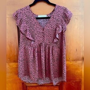 LOFT Mauve Pink Babydoll Animal Print Ruffle Short Sleeve Babydoll Blouse Small